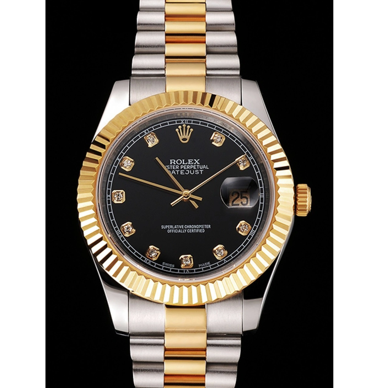 Aaa replica watch Swiss Stainless Black Case Steel Datejust Tone Bezel Bracelet Dial Gold Two Rolex 1014